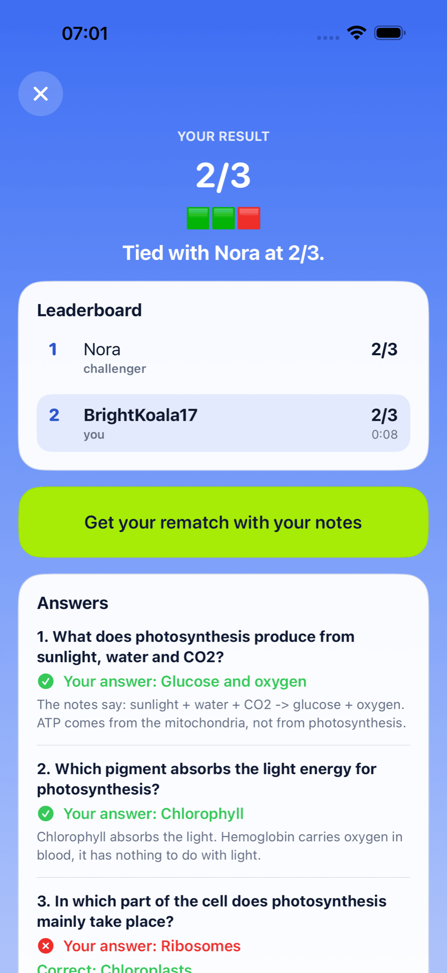 Quizcam duel result screen with a leaderboard comparing two players' scores