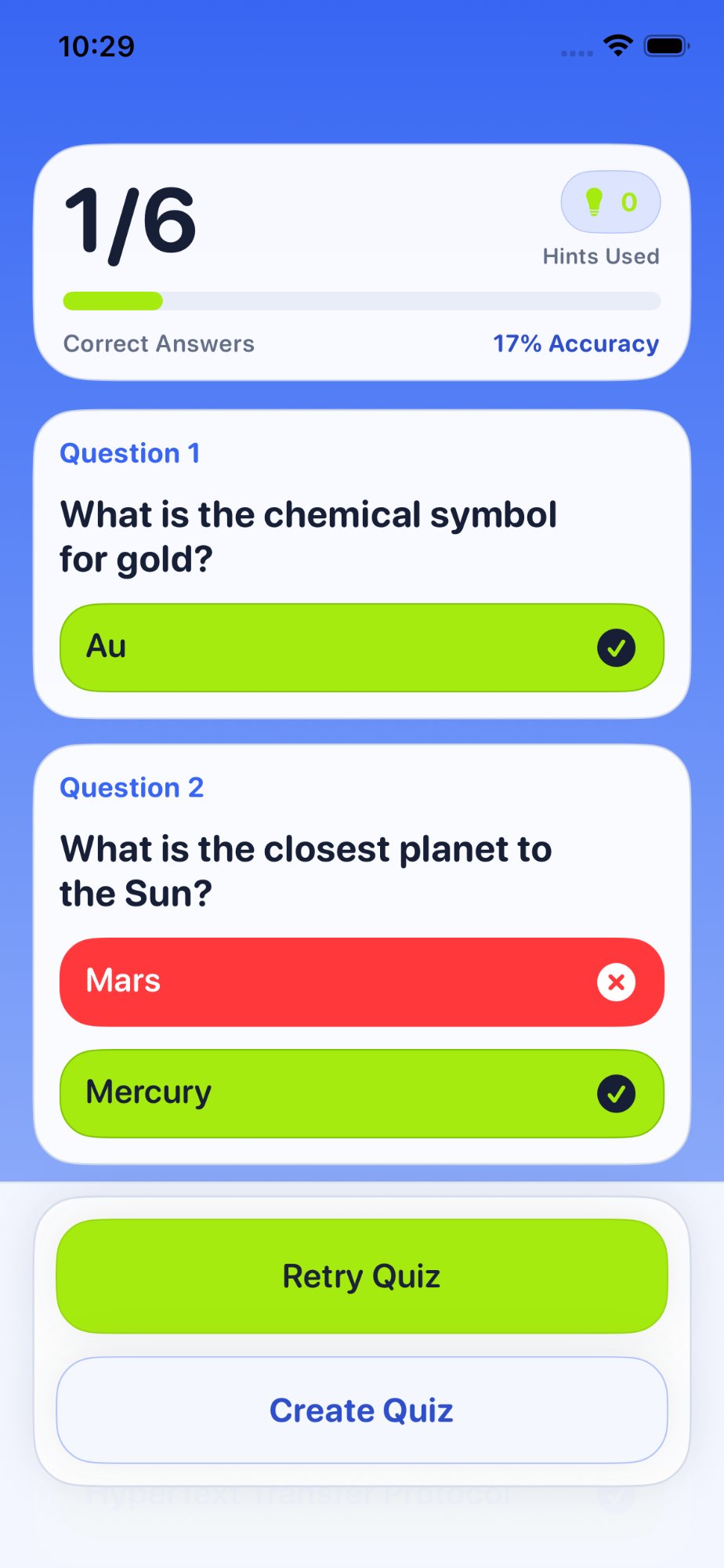 Review screen showing correct and incorrect answers